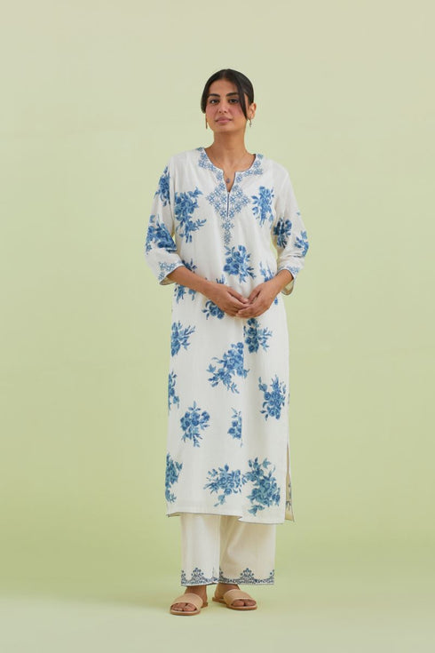 Sneha blue and off-white printed straight long kurta set