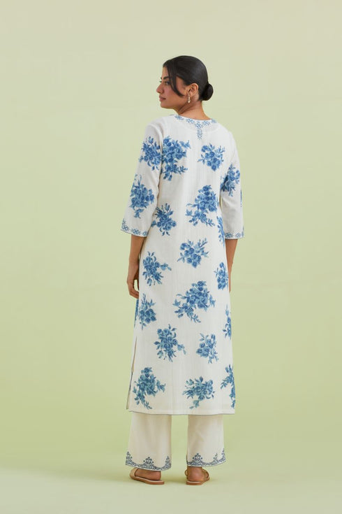 Sneha blue and off-white printed straight long kurta set