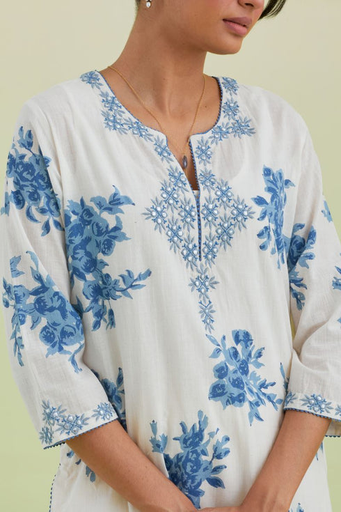 Sneha blue and off-white printed straight long kurta set