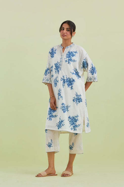 Sneha blue and off-white short kurta with pants set