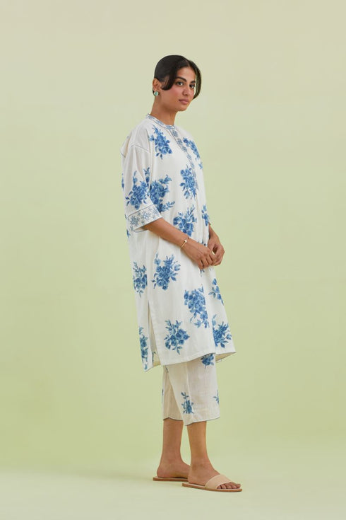 Sneha blue and off-white short kurta with pants set