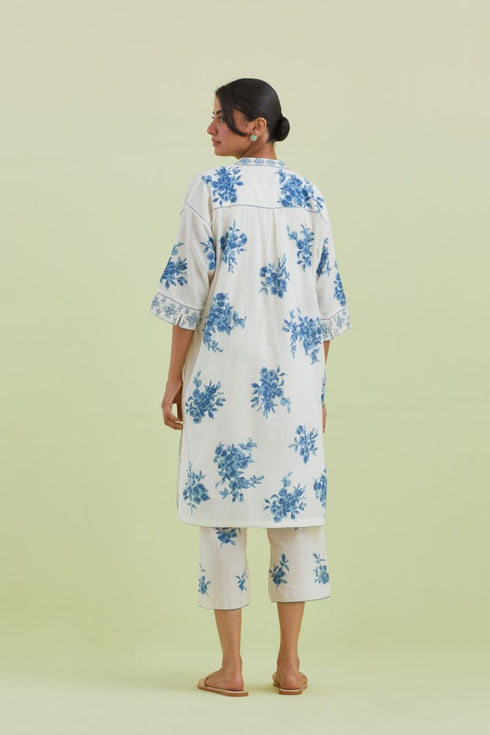 Sneha blue and off-white short kurta with pants set
