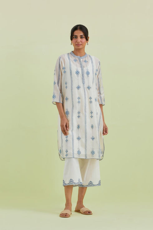 Sneha blue and off-white straight short kurta with pants