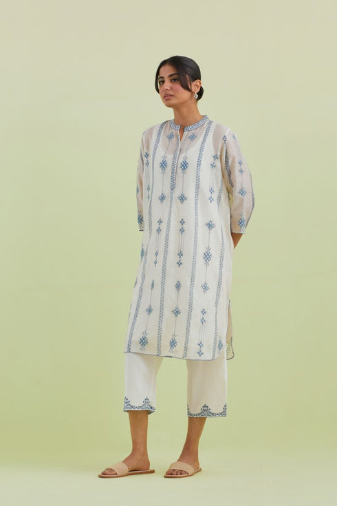 Sneha blue and off-white straight short kurta with pants