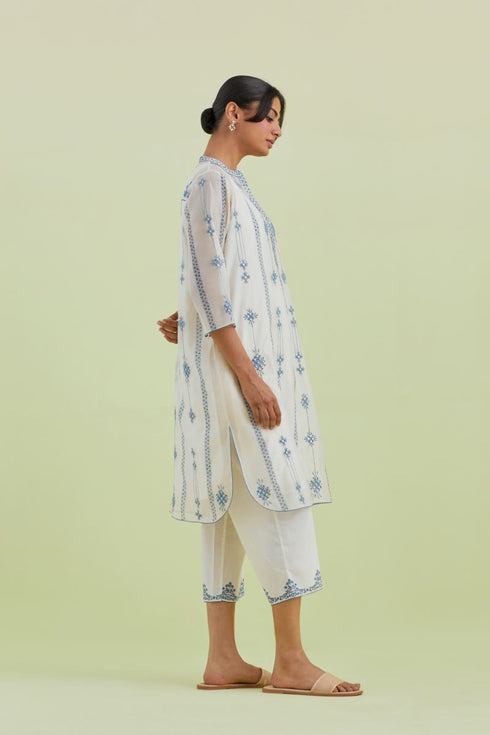 Sneha blue and off-white straight short kurta with pants