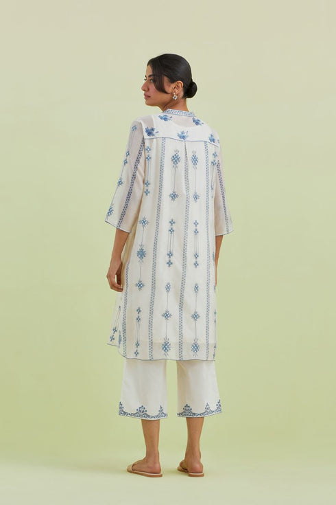 Sneha blue and off-white straight short kurta with pants