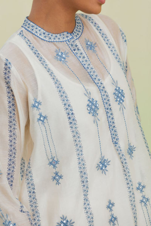Sneha blue and off-white straight short kurta with pants