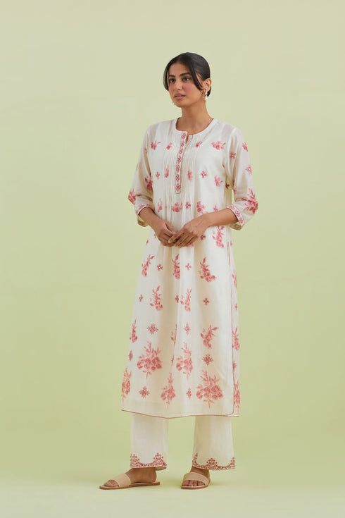 Sneha pink and off-white pintuck straight kurta set