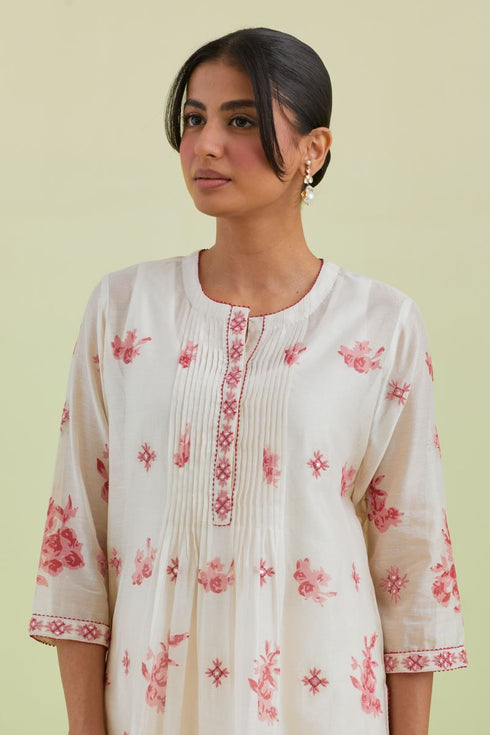 Sneha pink and off-white pintuck straight kurta set