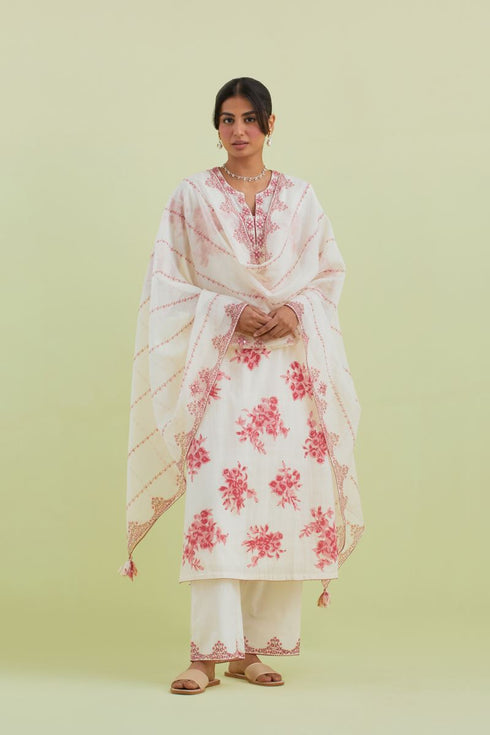 Sneha pink and off-white printed straight long kurta set