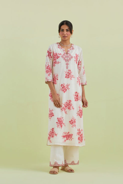 Sneha pink and off-white printed straight long kurta set