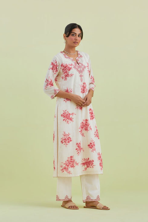 Sneha pink and off-white printed straight long kurta set