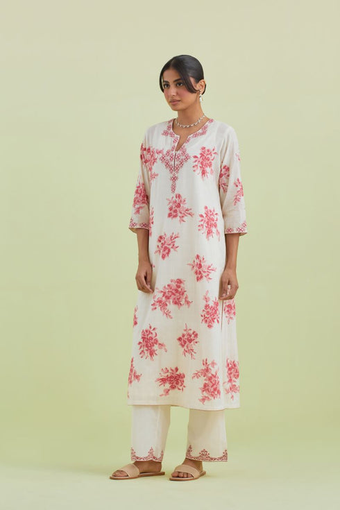 Sneha pink and off-white printed straight long kurta set