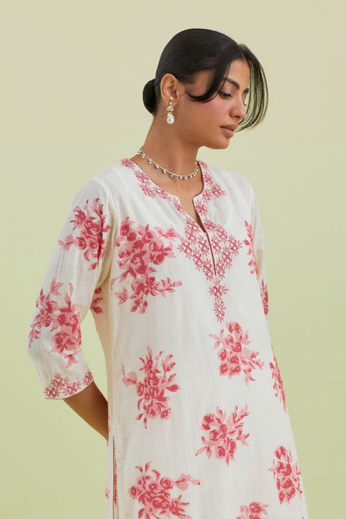 Sneha pink and off-white printed straight long kurta set