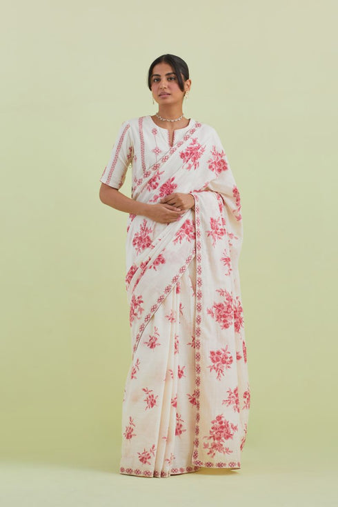 Sneha pink and off-white sari with blouse
