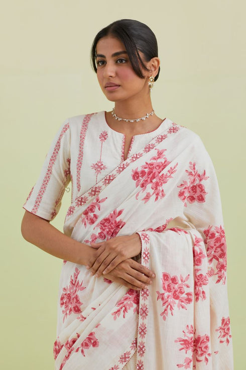 Sneha pink and off-white sari with blouse
