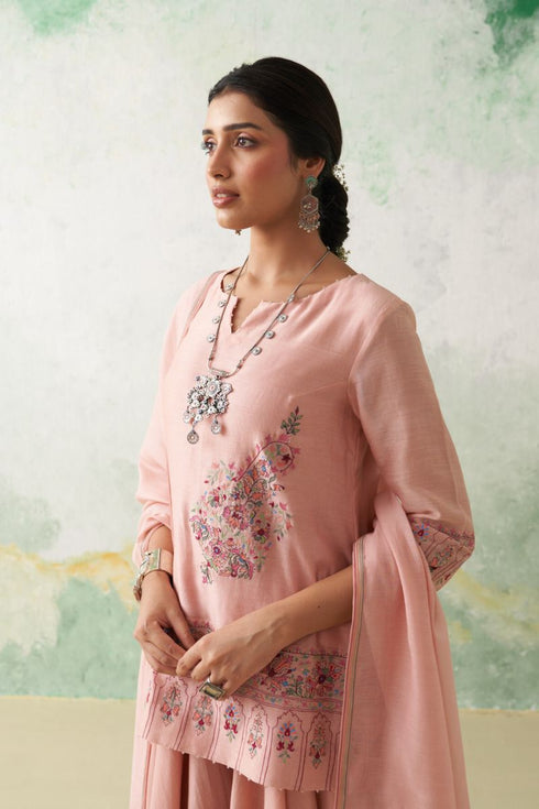 Soft pink chanderi kashmiri embroidered short kurta set