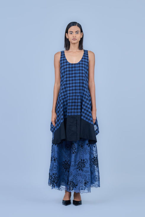 Space blue tank yarn dyed cotton tank top