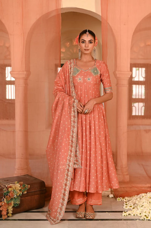 Surajmukhi orange anarkali set