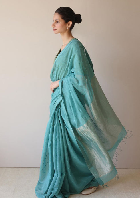 Teal wildflower meadow jamdani sari