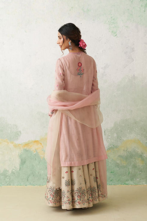 Toosh and soft pink dupion printed with hand kashmiri embroidered lehenga set