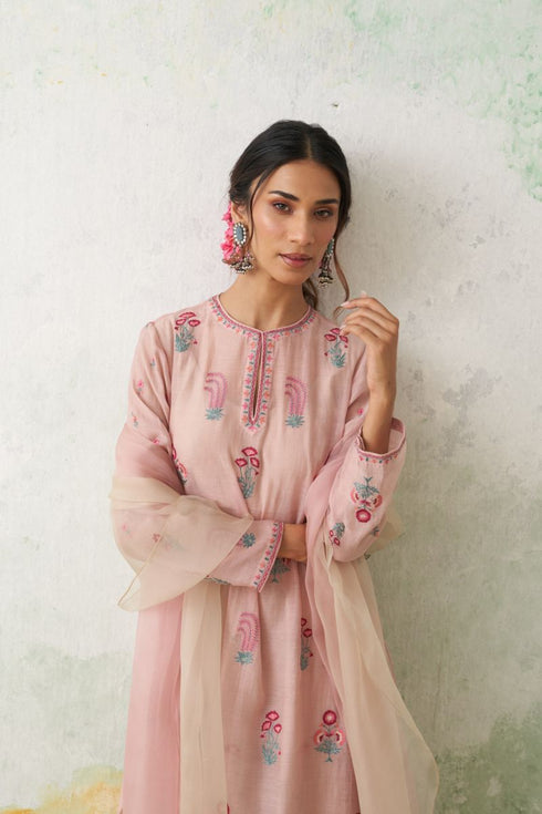 Toosh and soft pink dupion printed with hand kashmiri embroidered lehenga set