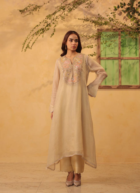 Vaayu beige applique yoke kurta set