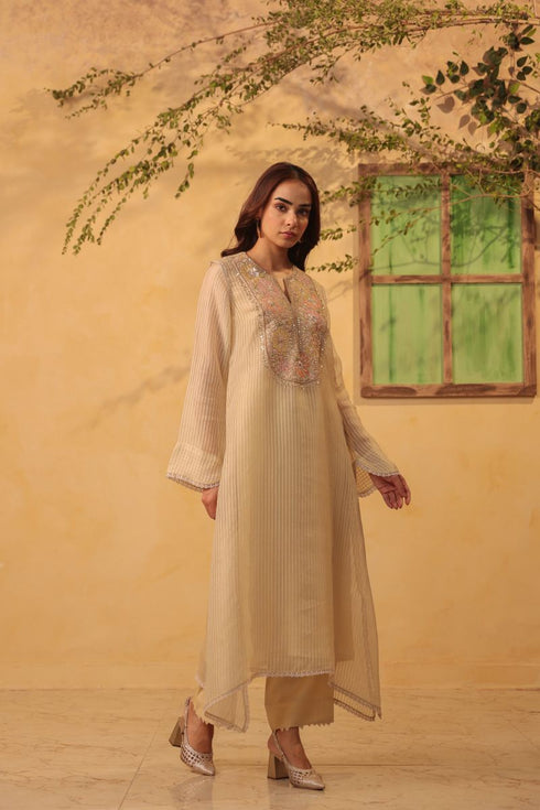 Vaayu beige applique yoke kurta set