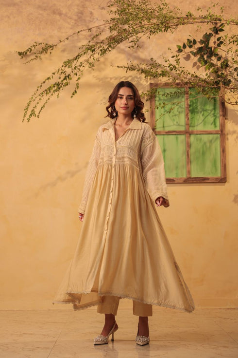 Vaayu beige pintuck collar kurta set