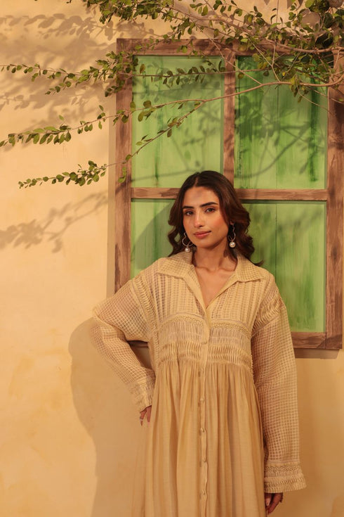 Vaayu beige pintuck collar kurta set