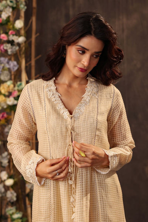 Vaayu beige tie-up kurta set