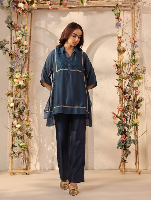 Vaayu dark blue collar co-ord set