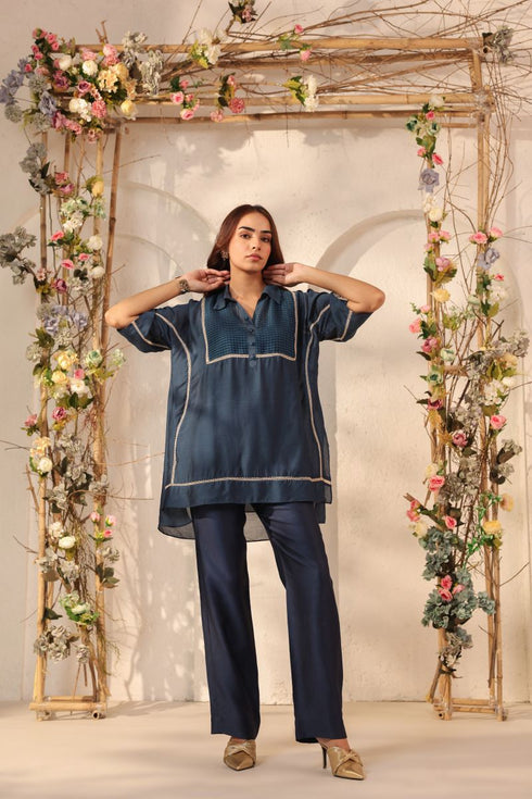 Vaayu dark blue collar co-ord set