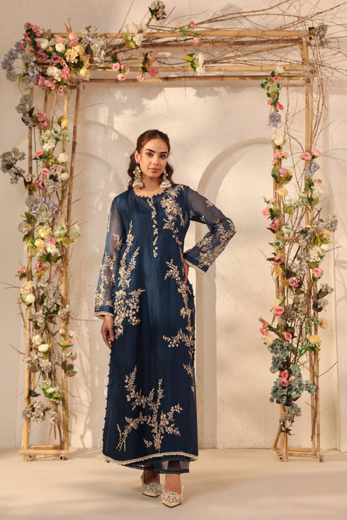 Vaayu dark blue jaal straight kurta set