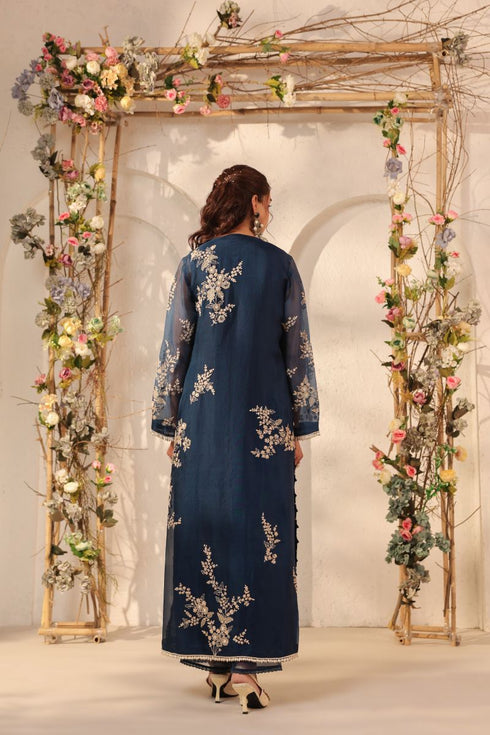 Vaayu dark blue jaal straight kurta set