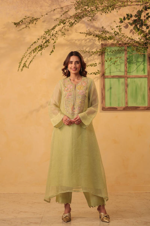 Vaayu green applique yoke kurta set