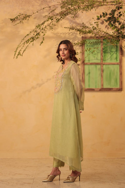 Vaayu green applique yoke kurta set
