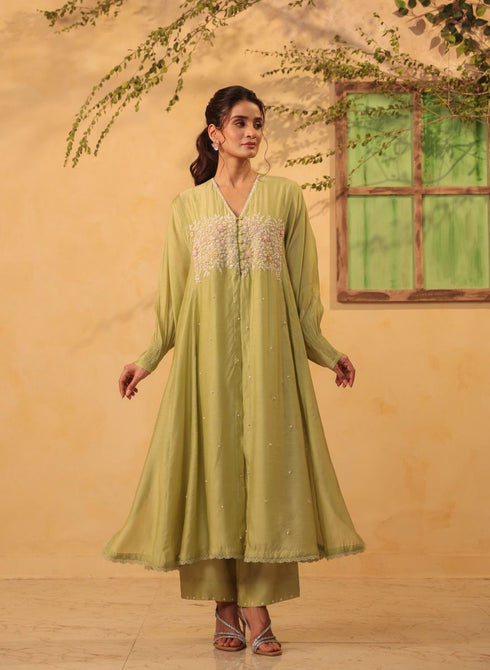 Vaayu green jacket style kurta set