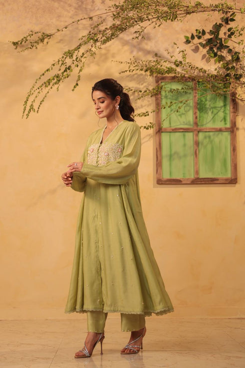 Vaayu green jacket style kurta set