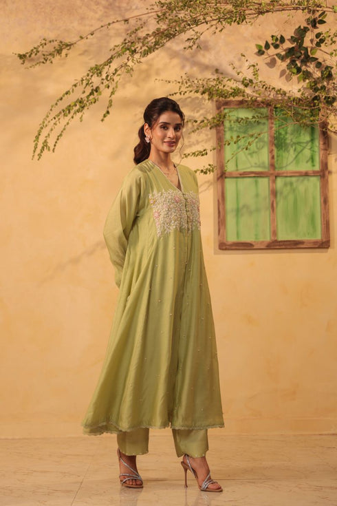 Vaayu green jacket style kurta set