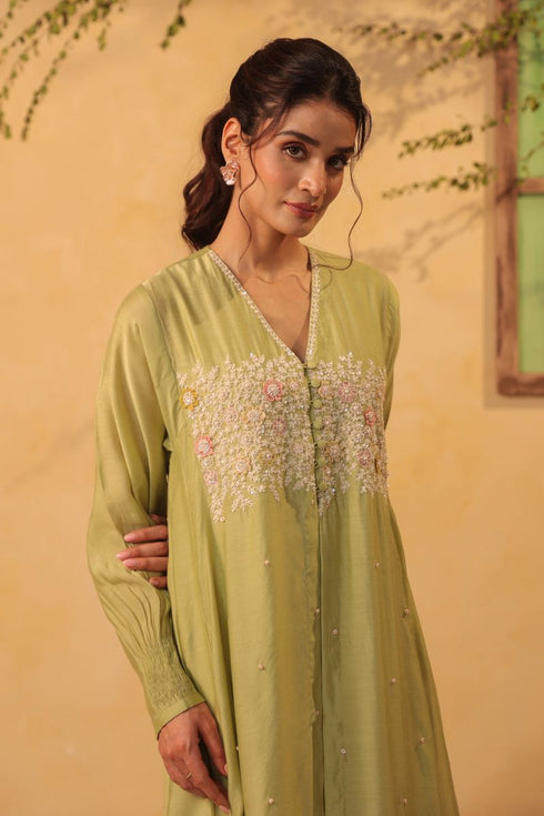 Vaayu green jacket style kurta set