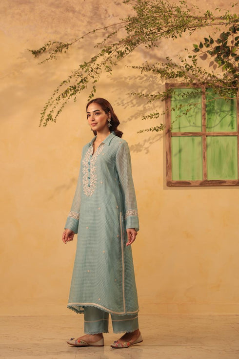 Vaayu light blue collar kurta set