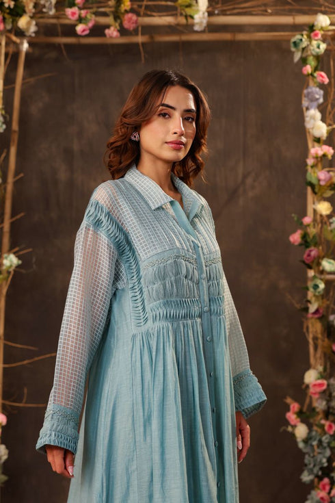 Vaayu light blue pintuck collar kurta set