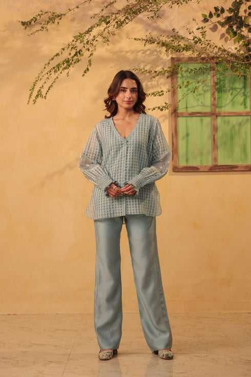 Vaayu light blue v neck co-ord set