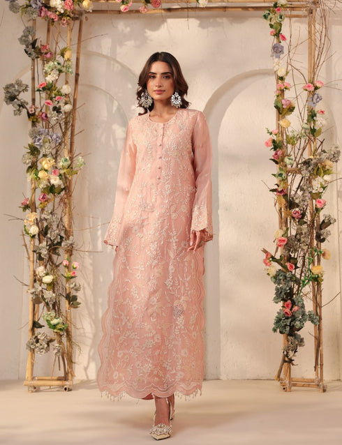 Vaayu light pink heavy jaal scallop kurta set