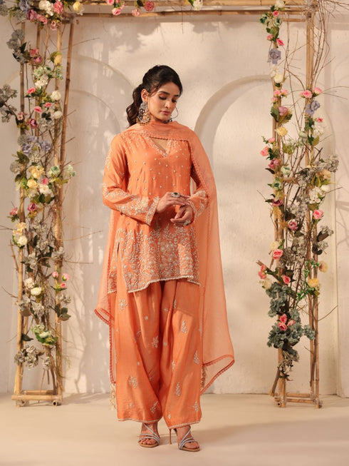 Vaayu orange heavy short kurta set