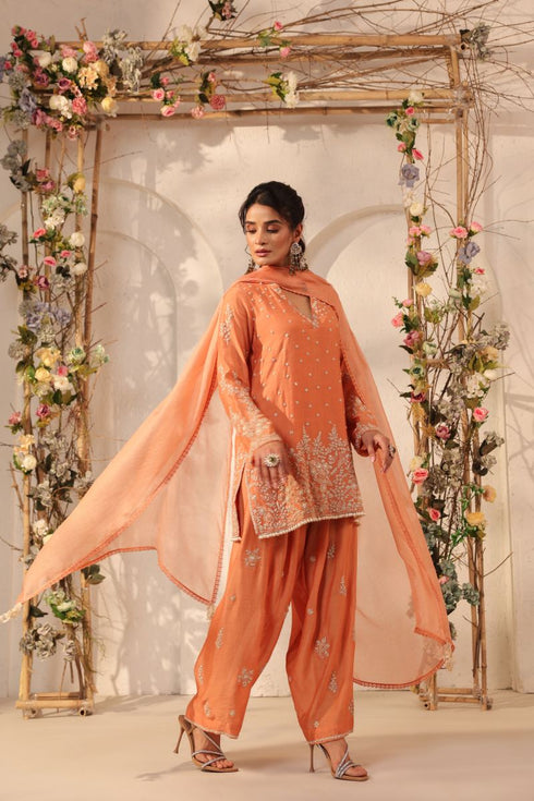 Vaayu orange heavy short kurta set