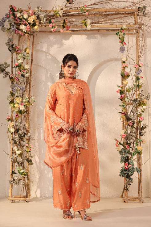 Vaayu orange heavy short kurta set