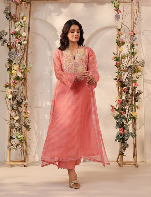 Vaayu pink applique yoke kurta set