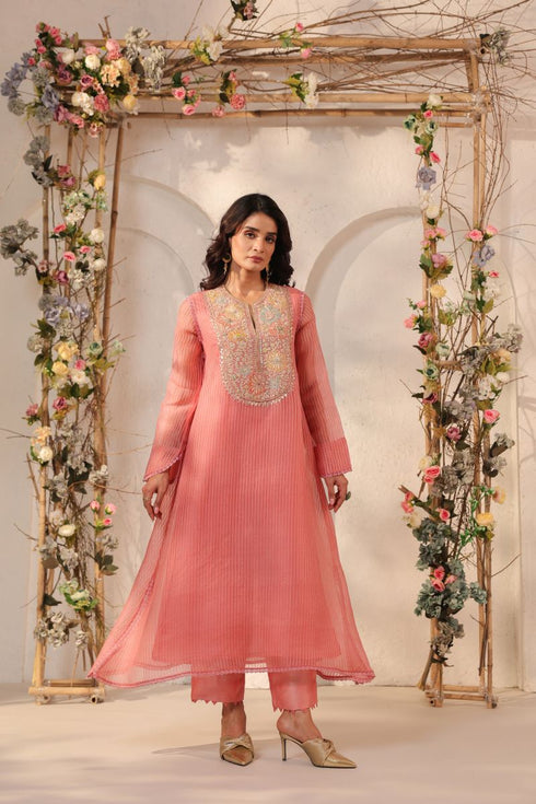 Vaayu pink applique yoke kurta set